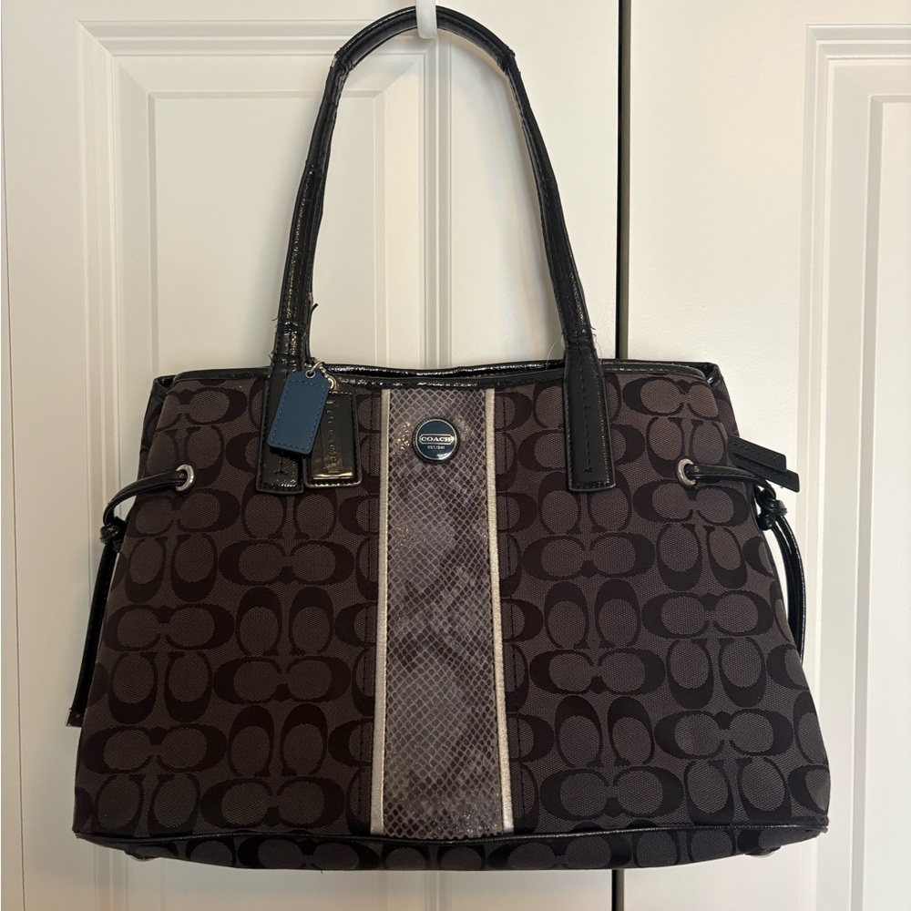 Coach Black Signature Python Stripe Carryall Shou… - image 1